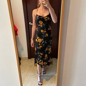 ASTR the label black satin floral midi dress